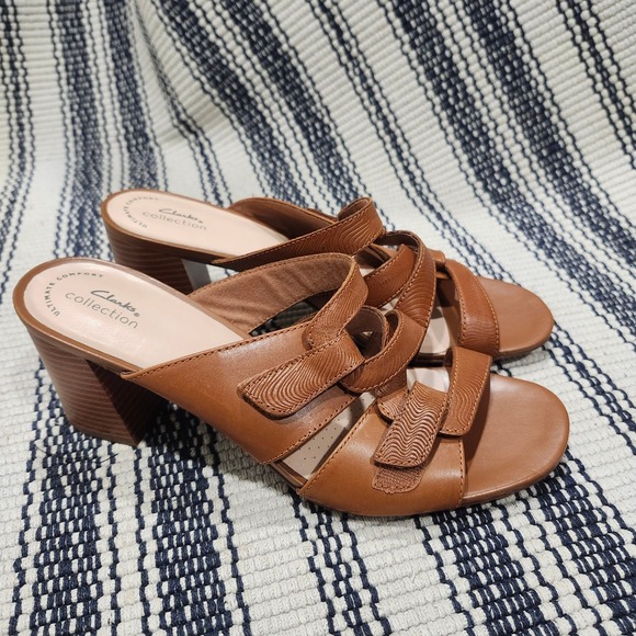 Clarks Shoes - Clarks‎ Collection Tan Leather Multi Strap Block Heel Slide Sandals Women 8.5 M